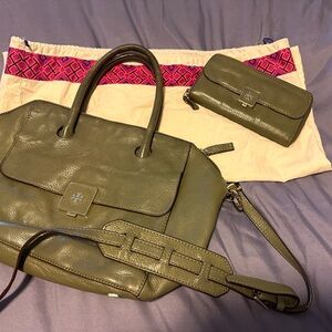 Tory Burch Olive Green Leather Bag and Wallet Set